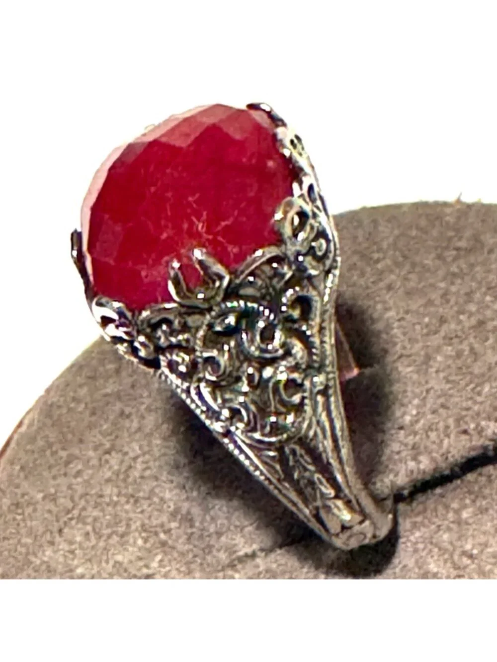 Solid Sterling Silver 925 Indian Ruby Corundum Scroll Design Ring Size 6